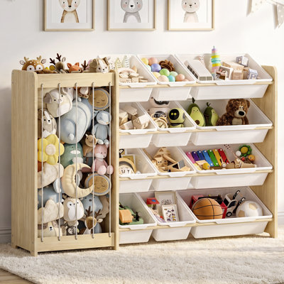 2-In-1 Toy Storage Shelf & Stuffed Animal Storage - Solid Wood Kids Bookcase with Open Bin, Modern Playroom, Nursery Furniture