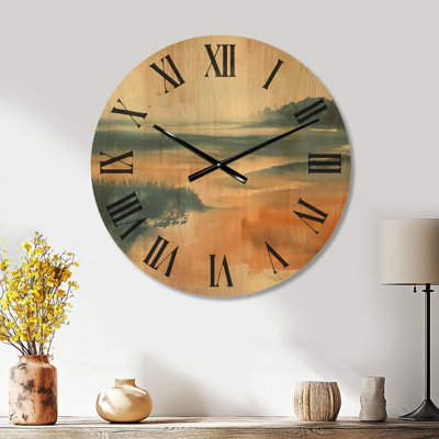 Horloge murale ronde en bois, motif de marais côtier abstrait - Aquarelle bleue