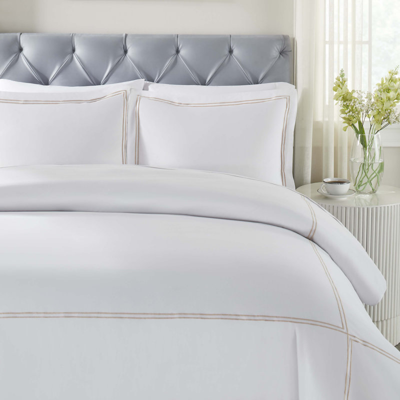 Full/Queen White and Taupe Cotton Embroidered Duvet Cover Set