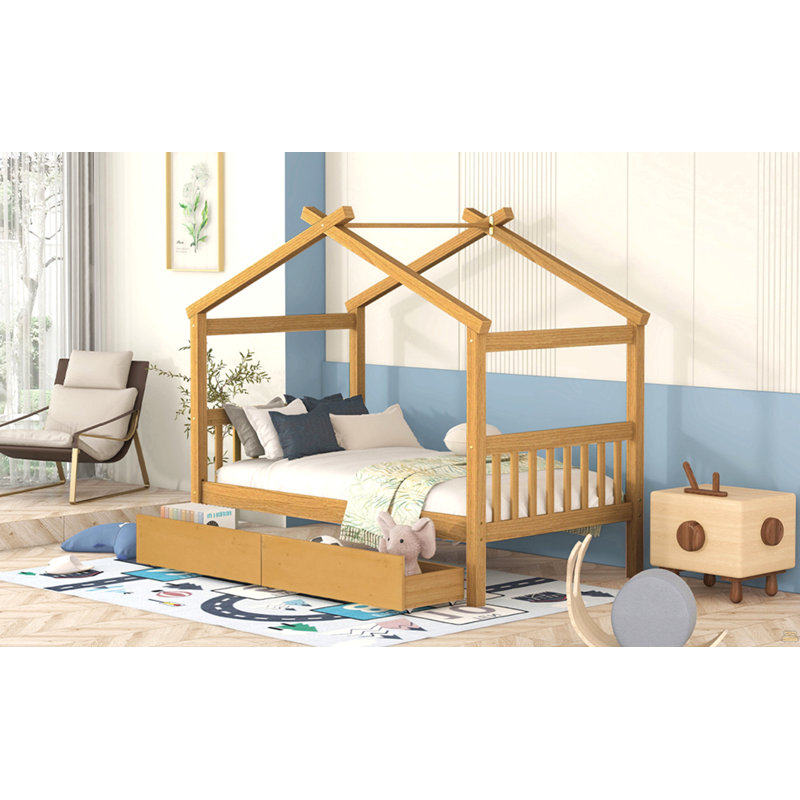 Lit simple en bois avec tiroirs, Naturel, Lit simple