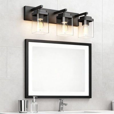 Modern 3-Light Vanity Lighting Fixture With Square Glass Shades, Wide Backplate For Bathroom Mirror, Dimmable For Bathroom Living Room Bedroom