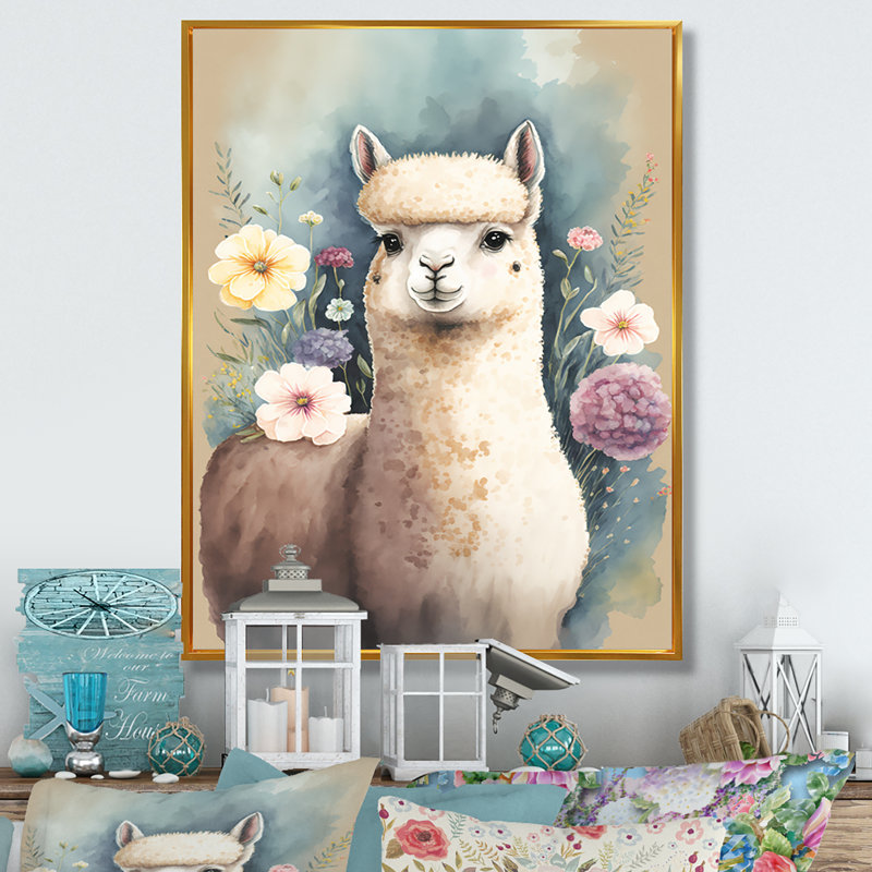 «Flower Alpaca Watercolor V», reproduction sur toile, H 32 po x l 24 po x P 1 po, Toile avec cadre flottant or