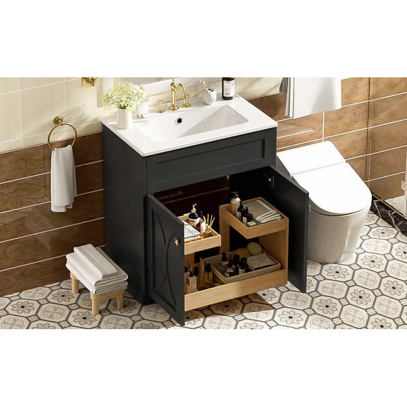 Meuble-lavabo de salle de bain avec lavabo en céramique, armoire de rangement autoportante moderne avec poignées, portes à fermeture douce