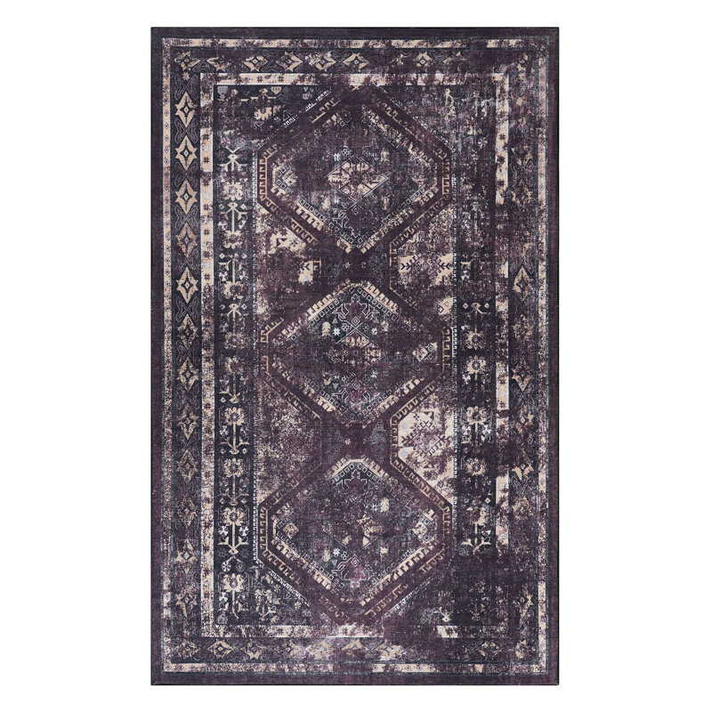 Washable Area Rug 4X6 - Non-Slip, Low-Pile, For Bedroom, Kitchen, Living Room, Dining Room & Pet Black+Burgundy Low-Pile Washable, Soft ,