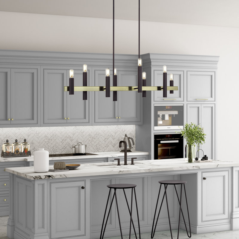 8 Light Black Extra Large Linear Chandelier With Brushed Nickel Accents, Bronze