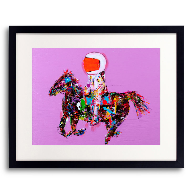 Astronaut on Horse on Pink par Jphono 1 - Peinture, H 17,25 po x l 21,25 po, Papier avec cadre noir
