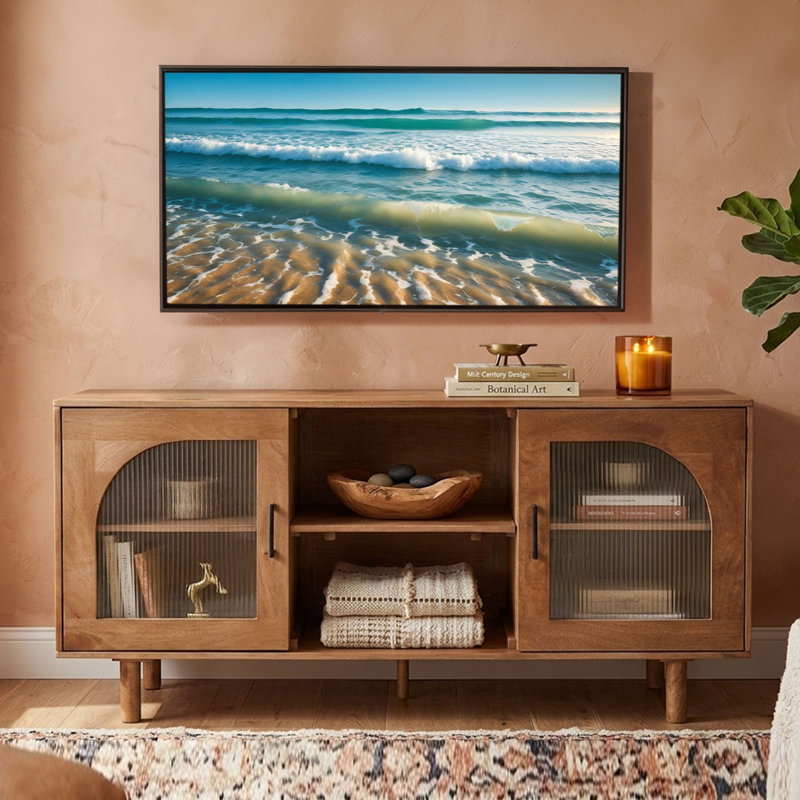 Console de meuble télé 64 pouces, 2 armoires et tablettes en verre arqué, bois de manguier brun noyer