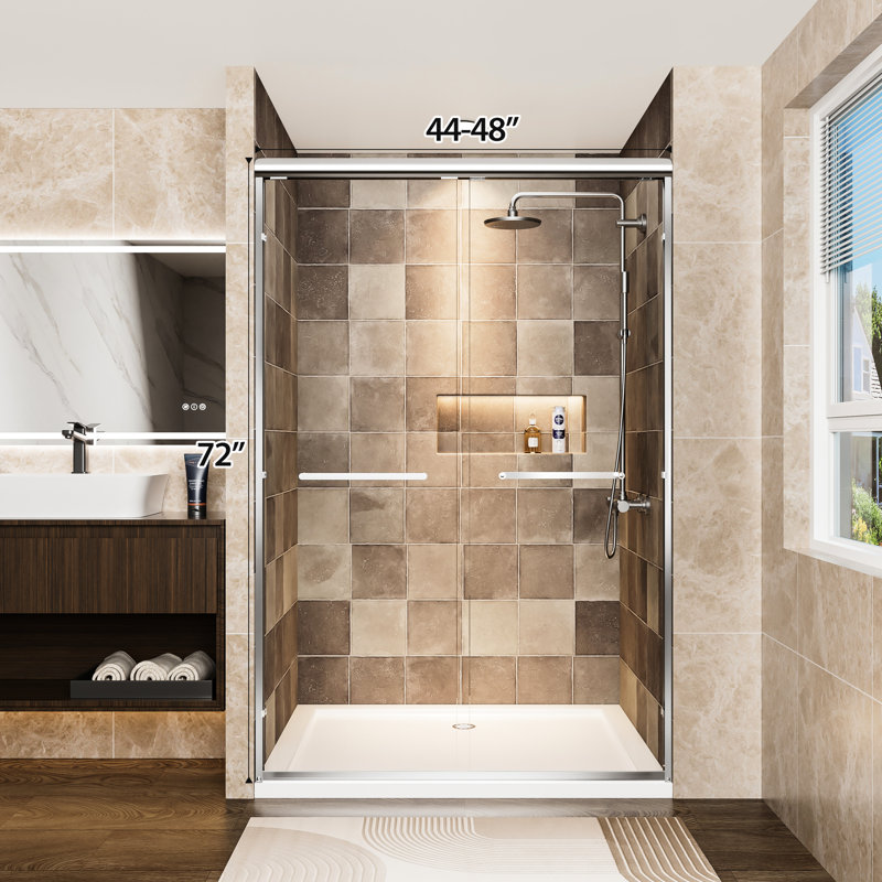 48" W X 72" H Double Sliding Shower Door With Aluminum Frame, 1/4" (6Mm) Tempered Glass And - Shatter Film, Stainless Steel Handles, Easy To Install In Bathroom Door, Clear Proof Dual Reversible