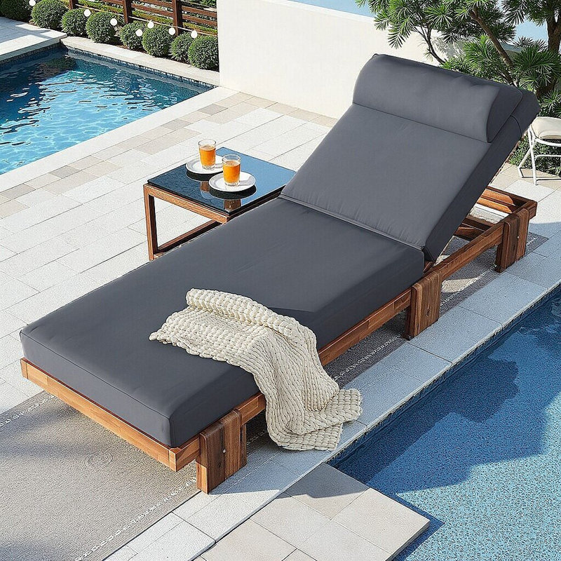 78.8" Acacia Wood Patio Chaise Lounge Chair, Adjustable Recliner with Headrest, Retractable Side Tray & 4.7" Thick Cushion for Poolside, Garden, Terrace, Beach