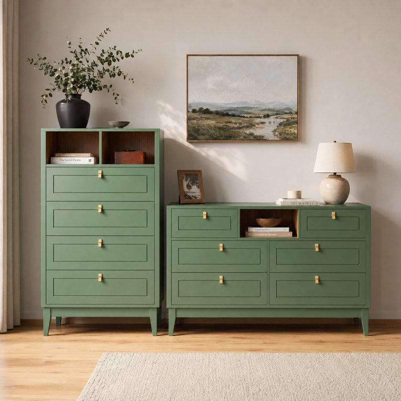 Ensemble de commode 2 pièces - Comprend une commode à 5 tiroirs et une commode à 7 tiroirs, vert sauge, Sage Green