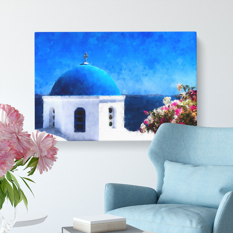 Santorini Blue Domed Church Painting - Wrapped Canvas Print, 60cm H x 91cm W x 3cm D
