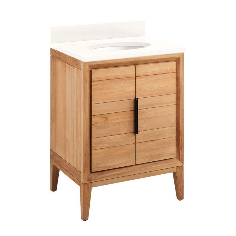 Ensemble de meuble-lavabo simple 24 po avec lavabo encastré ovale Aliso, Quartz blanc arctique, 8 po, Teck naturel