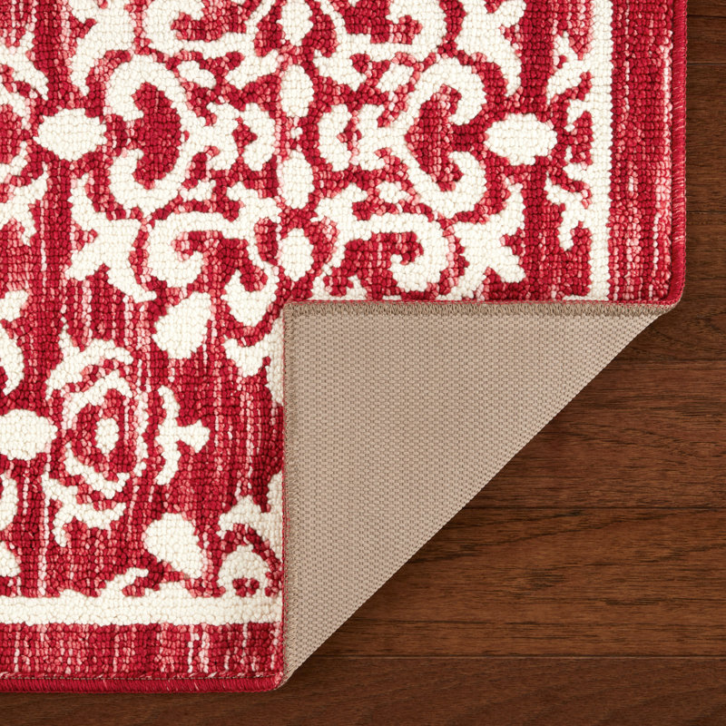 Red and White Tufted Medallion Washable Runner Rug 24" x 72"