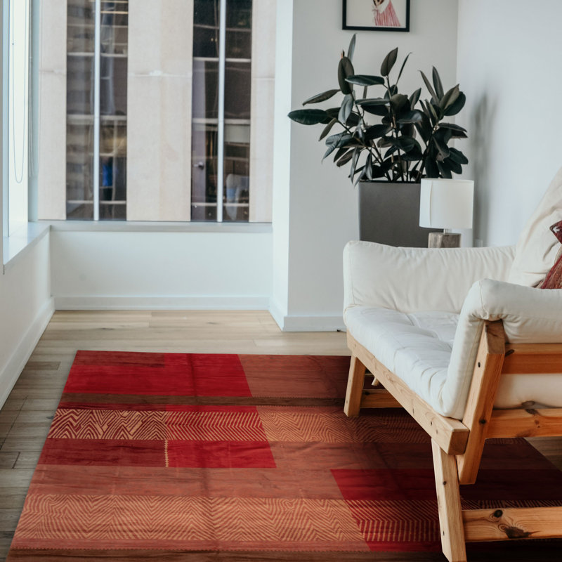 Tapis cuivre et laine rouge noué à la main 13 pi 3 po x 14 pi 7 po Opulence