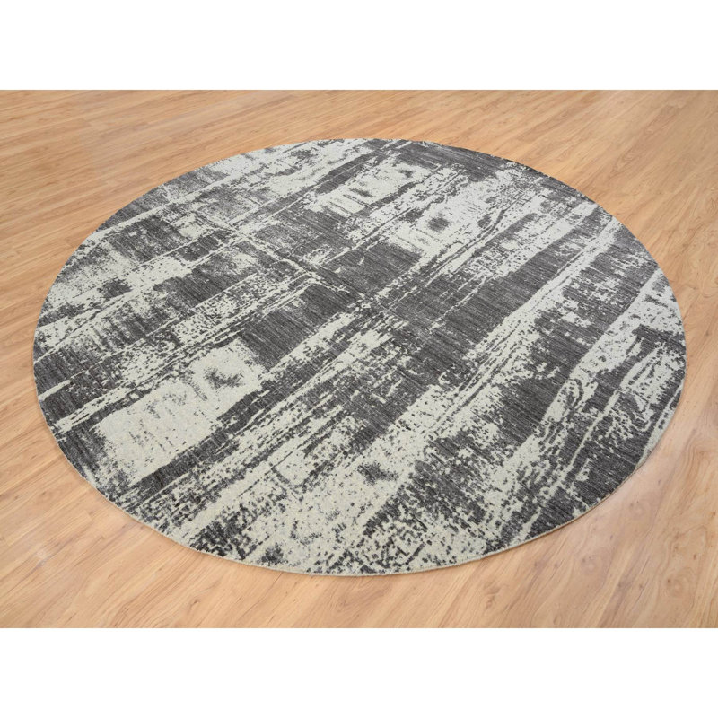 Tapis rond 10 pi x 10 pi noir, gris anthracite, ton sur ton, jacquard tissé à la main, laine et soie à base de plantes 9EFA97F679B4400290BBCC26D061F686