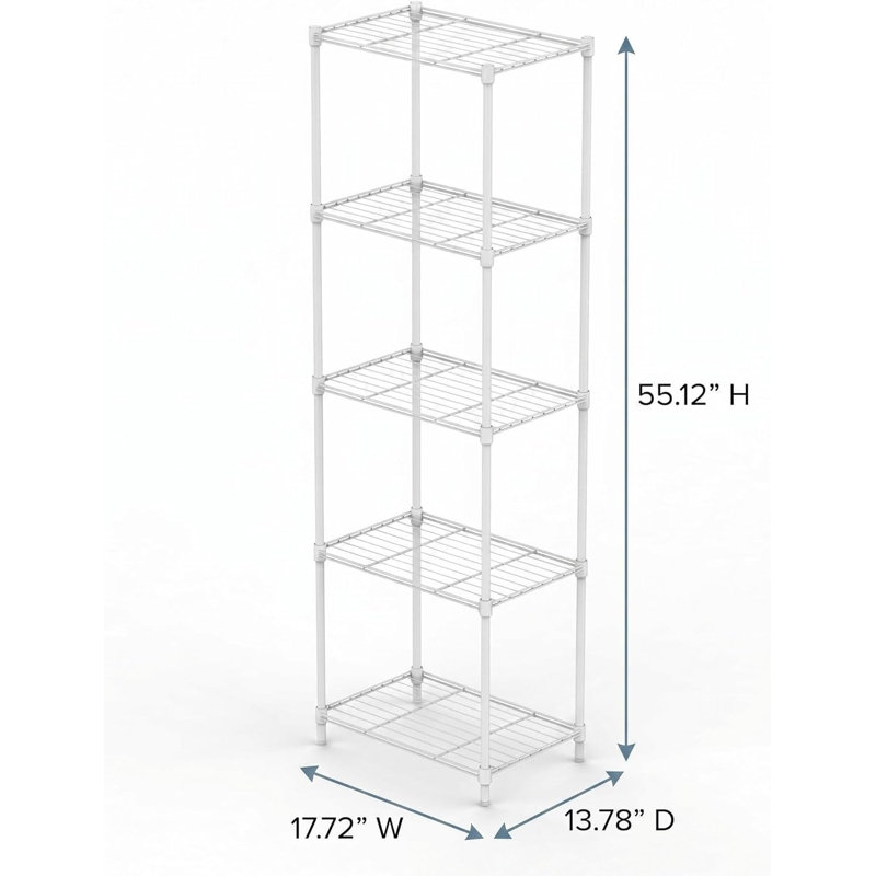Étagère de rangement à 5 niveaux en métal blanc avec grille compacte de 55 pouces de hauteur et pieds réglables pour organiser le garde-manger