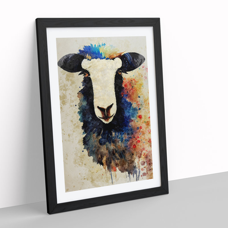 Sheep No.5 - Single Picture Frame Painting, Black, 64cm H x 46cm W x 2cm D