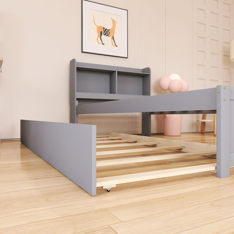 Lit simple en bois avec lit gigogne et bibliothèque, Gris