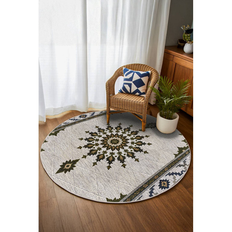 Tapis marocain beige en coton et polyester à imprimé numérique Stella Collection, Rond 3 pi 4 po
