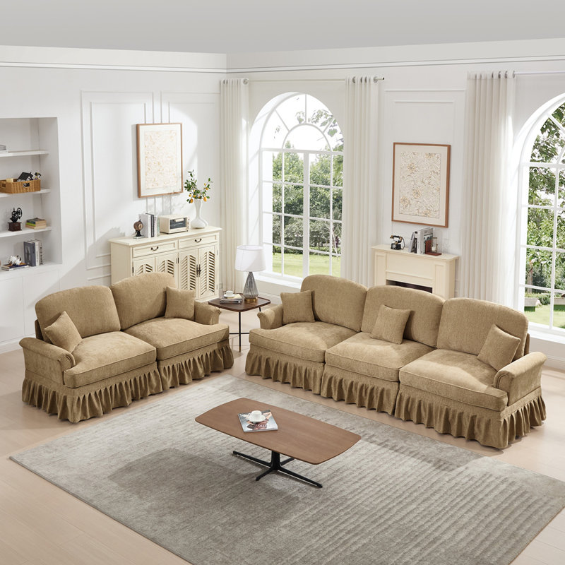 Ensemble de canapé de salon modulaire 2 pièces avec accoudoirs évasés et volants amovibles Classic, Café clair