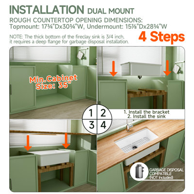 32"L x 19"W Fireclay Undermount Kitchen Sink, Drop In Kitchen Sink White Single Bowl, Dual Mount, Included 2 Custom Accessories