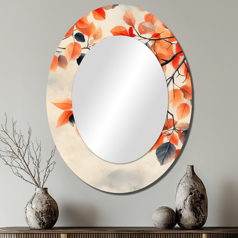 Orange Autumn Leaves II - Large Oval Wall Mirror On Metal, 40" x 30"