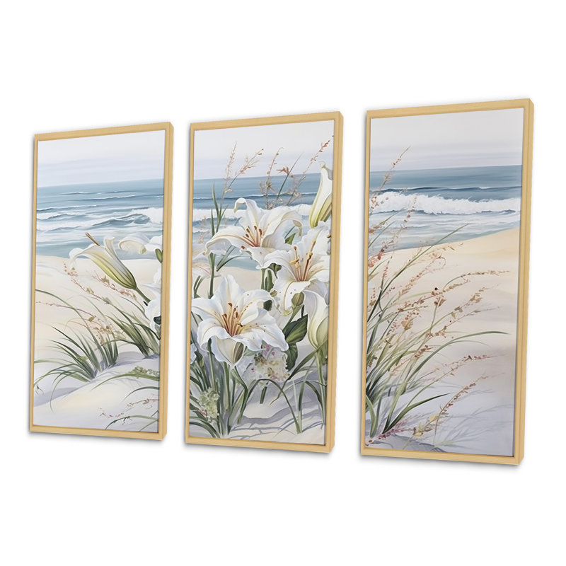 Glory Lilies On The Beach - ensemble de reproductions d'art mural lys, Cadre naturel flottant, H 32 po x l 48 po x P 1 po