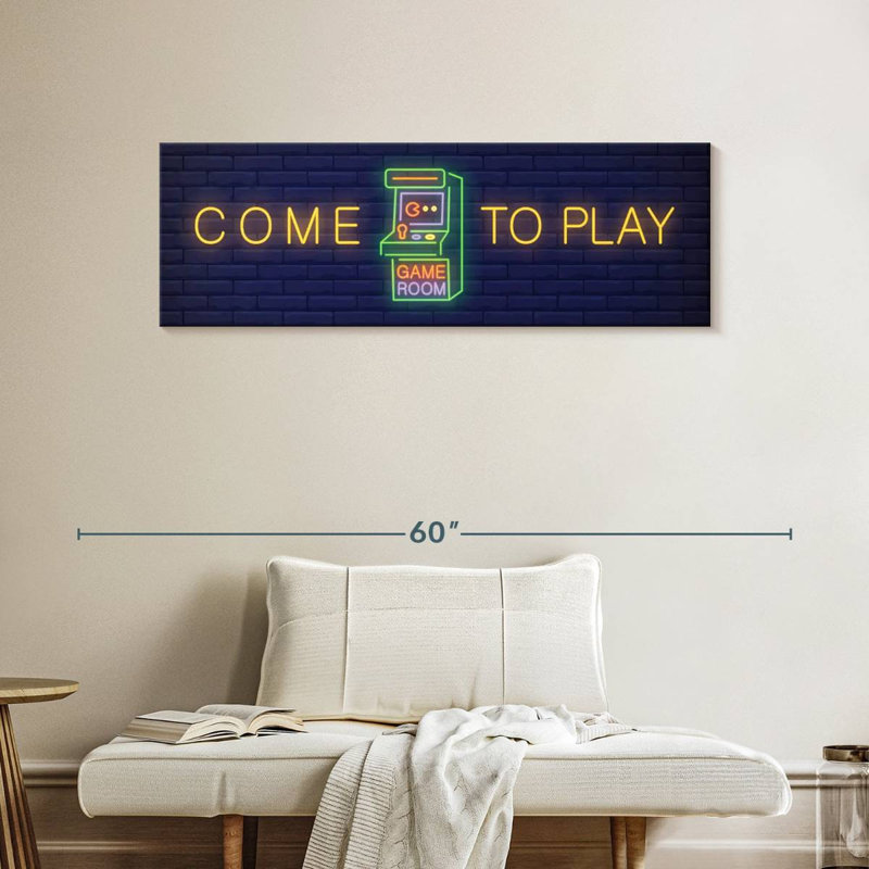 «Come To Play Game Room» sur toile, H 15 po x l 45 po x P 1,25 po