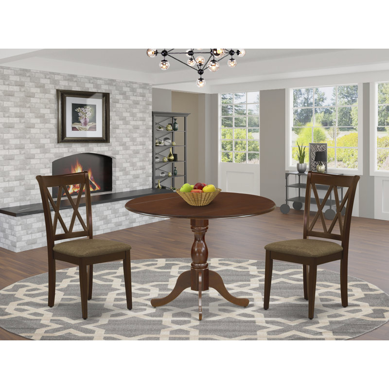 3 Piece Dining Table Set for Small Spaces Contains a Round Dining Room Table with Dropleaf and 2 Linen Fabric Chairs, Mahogany