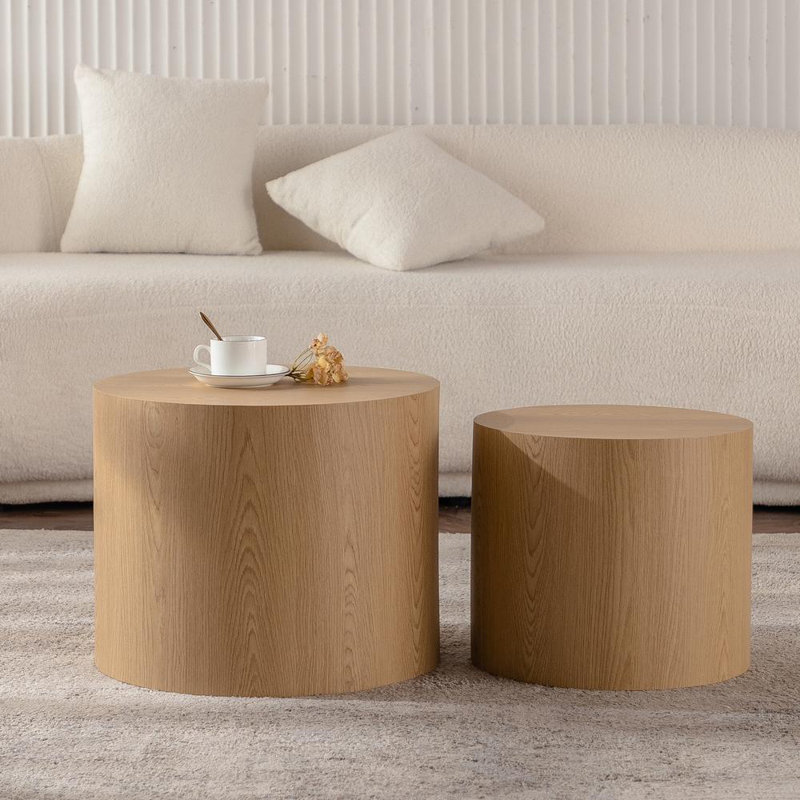 Modern Round Nesting Coffee Tables (Set of 2), Natural Wood