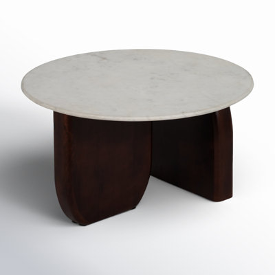 Dujon 17"H Marble/Wood Abstract Coffee Table in Walnut/White Finish with Solid and Stylish Oval Cross Frame for Modern and Contemporary Decor