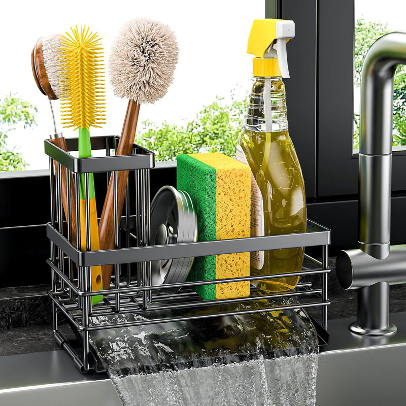 Sponge Holder For Kitchen Sink - Rustproof Stainless Steel Sink Caddy Organization And Storage Essentials With High Brush Holder