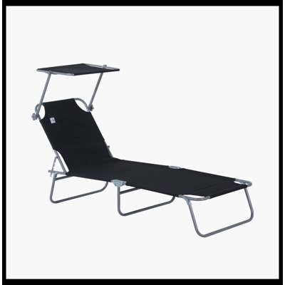 Outdoor Lounge Chair, Adjustable Folding Chaise Lounge With Detachable Sun Shade, Portable Tanning Chair For Beach, Camping, Hiking & Backyard (Black)