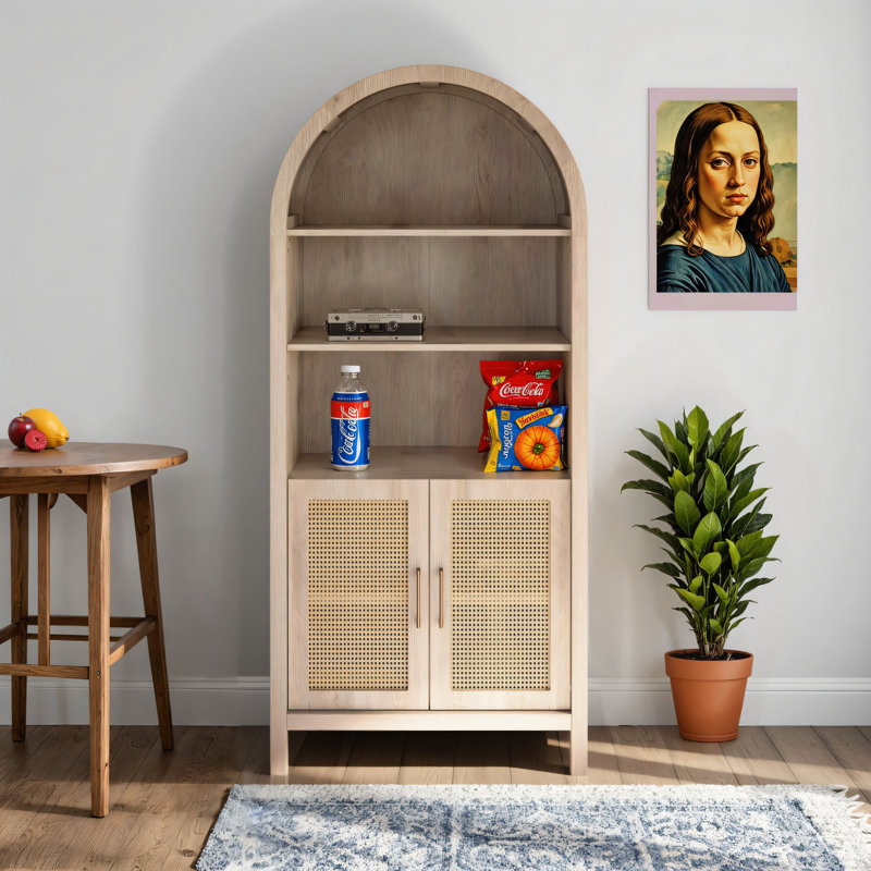 Armoire de rangement arquée, chêne clair, 5 tablettes ou plus, 3 tablettes ouvertes (tablette centrale réglable) et 2 portes fermées derrière