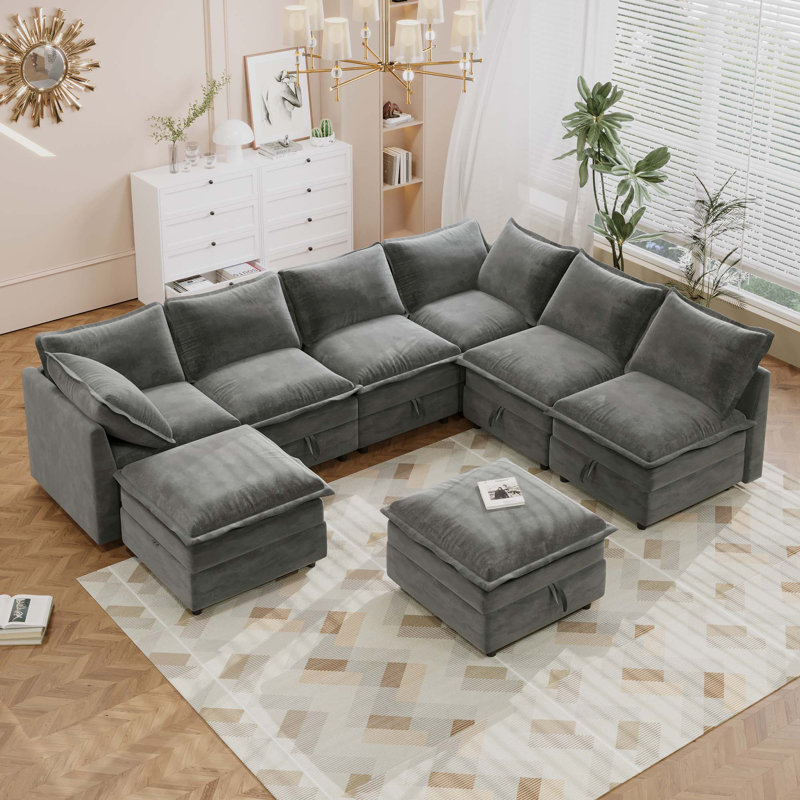 8-Piece Modular Sofa Bed With Storage, Gray Polyester