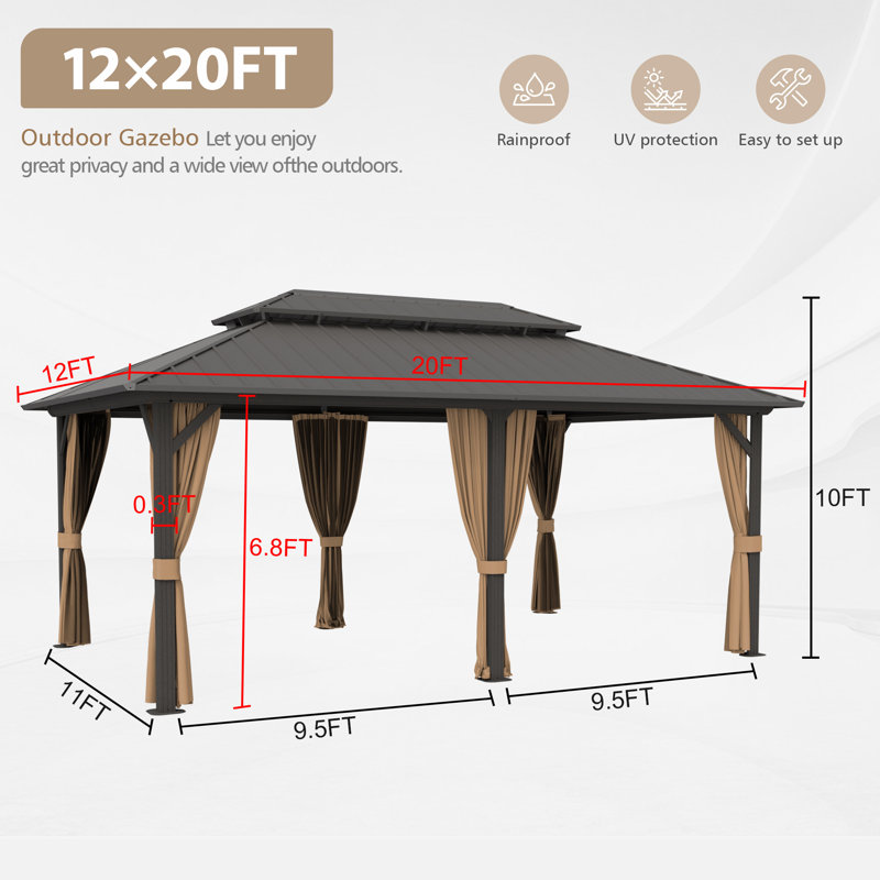  Outdoor Patio Gazebo, Hardtop Gazebo with Galvanized Steel Roof & Aluminum Frame,Heavy Duty Permanent Pavilion with Netting & Curtains for Patio, Lawn, Deck
