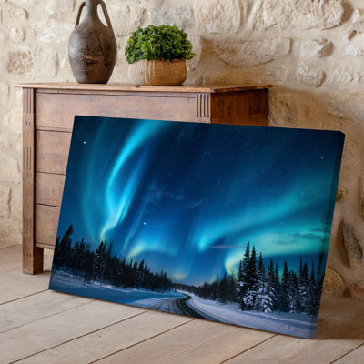 Canvas A Serene Winter Landscape Under A Starry Night Sky Featuring Wall Art Vibrant Auroras In Shades Of Blue And Green Swirling Canvas Wall Art