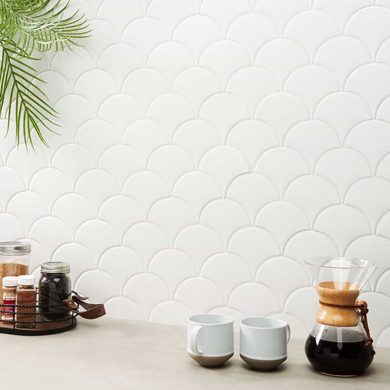 Highwater 5" Fish Scale Polished Ceramic Tile, White