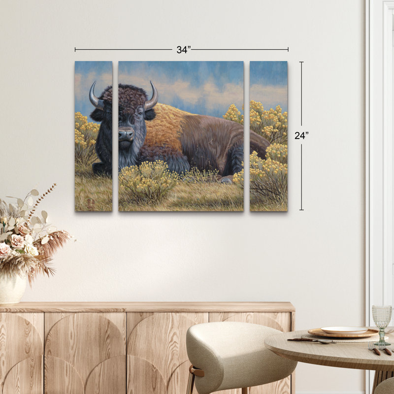 Ensemble de 3 panneaux - Jeff Hoff «Yellowstone Monarch Bison», art mural sur toile pour le salon, la chambre à coucher ou le bureau 