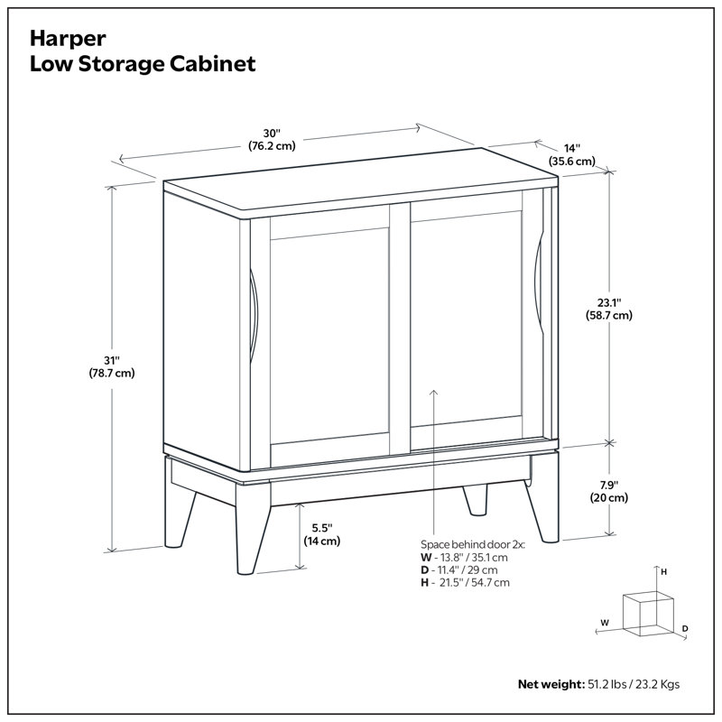 Harper 30"W Solid Hardwood Mid-Century Modern Low Storage Cabinet With Sliding Doors, Walnut Brown