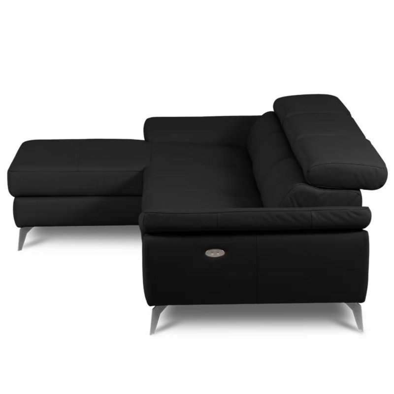Milton Keynes Italian Leather Electric Reclining Corner Sofa with Adjustable Headrests and Adjustable Armrests, Black