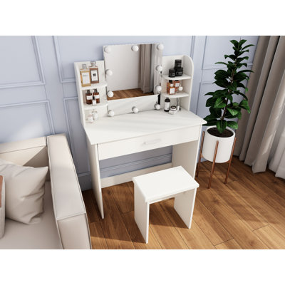 Vanity Table With One Drawer, Adjustable Mirror, Ample Open Shelves, Comfortable Stool, Modern Design, Ancient White, Particle Board + , 50.06 In Height Drawer Mirror Table, Storage, Matching Elegant