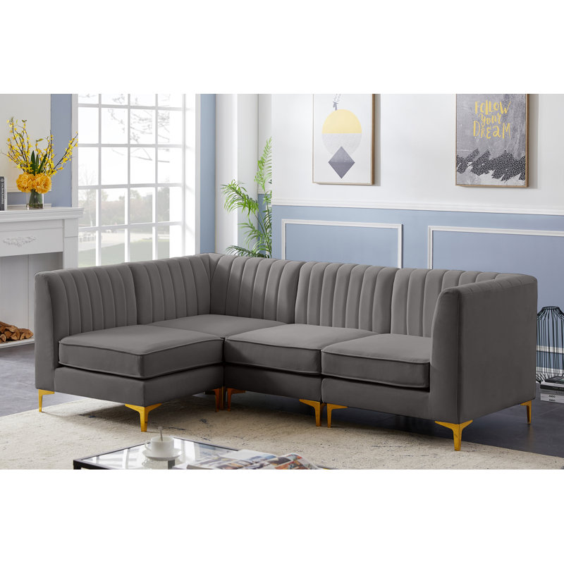 Enson Velvet L-Shaped Sectional Reversible, Grey Velvet
