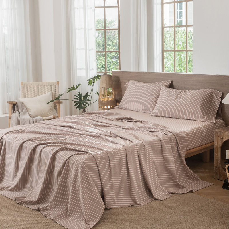 Ensemble de draps 100% coton lavé MooMee, Ensemble de draps pour très grand lit avec 2 taie, Rayures larges : Orange et blanc