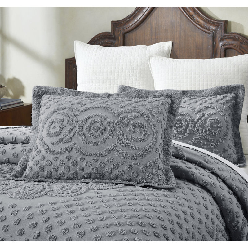 Heirloom 100% Cotton Chenille Tufted Standard Pillow Sham, Medallion Design, Soft Breathable Decorative Pillow Cover, OEKO-TEX Certified, Machine Washable, All-Season, 21" x 27", Gray