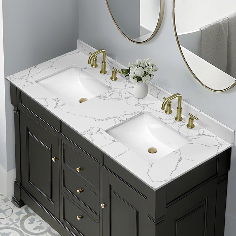 Comptoir de salle de bain simple 61 po en pierre de quartz avec lavabo double - pour meuble-lavabo, sans armoire