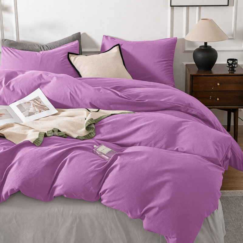 3-Piece Dyed Duvet Cover Set With Pillowcases, Purple, Single Duvet Cover + 2 Standard Pillowcases