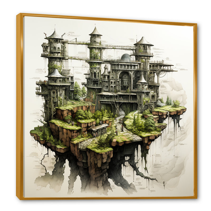 Dessin d'analyse d'une forteresse II sur toile, H 36 po x l 36 po x P 1,5 po, Cadre flottant doré