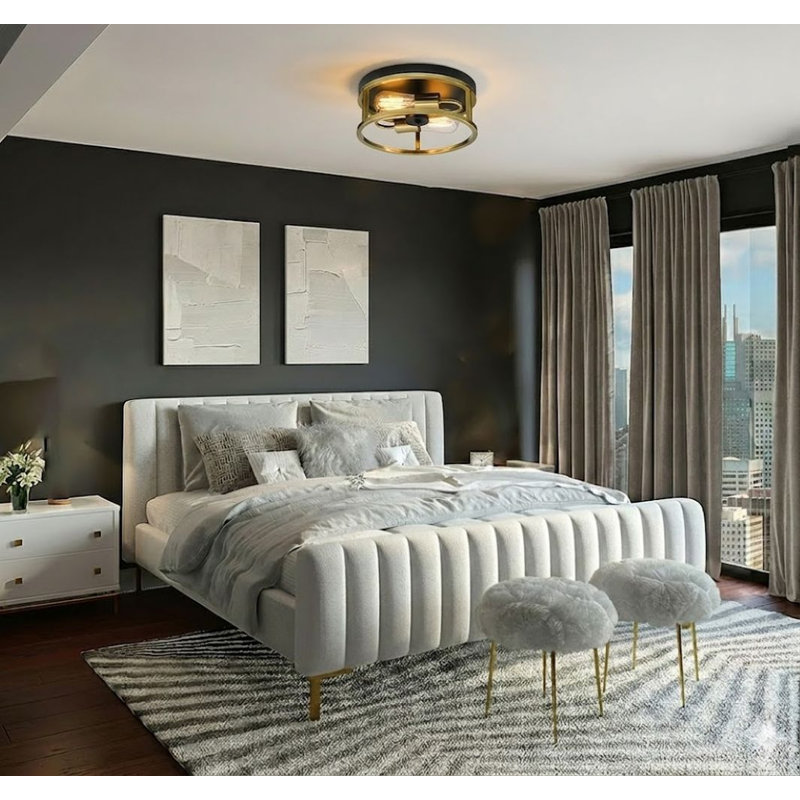 Modern 2 Light Iron Round Flush Mount, Black/Gold