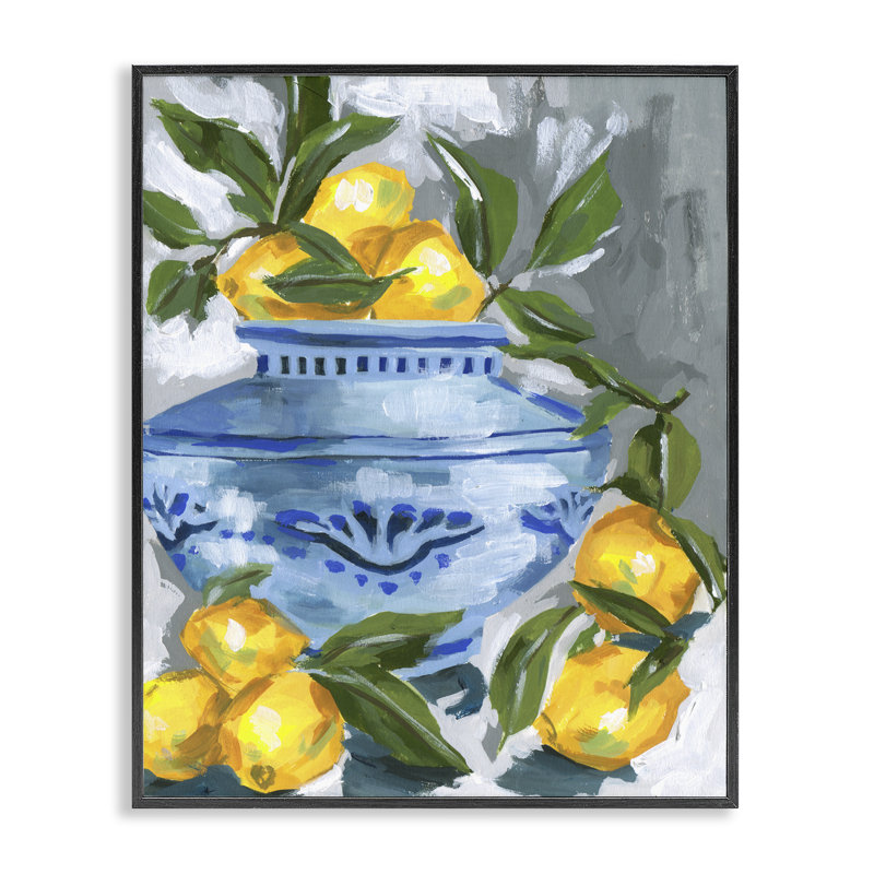 Vase indigo et citron, estampe numérique, design par Melissa Wang, H 14 po x l 11 po, Giclée encadrée noir minuit